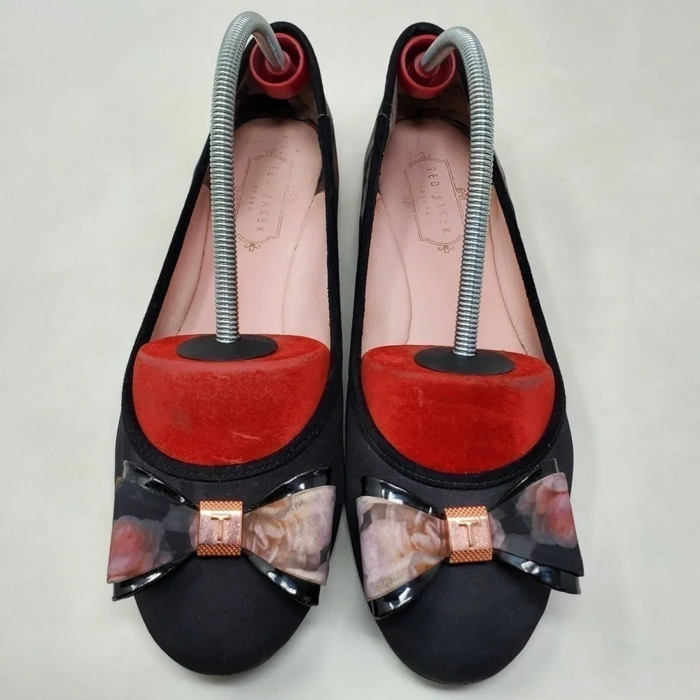 Ted Baker Immep Floral Ballet Flats Bow Black Multicolor Womens Size 7